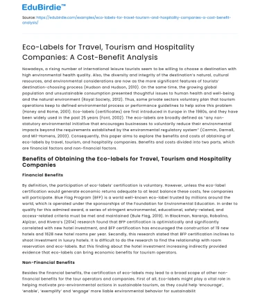 Eco-Labels for Travel Companies: Cost Analysis