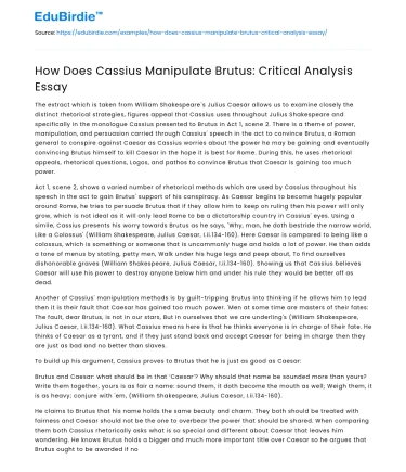 How Does Cassius Manipulate Brutus: Critical Analysis Essay