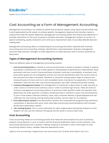 Cost Accounting as a Form of Management Accounting