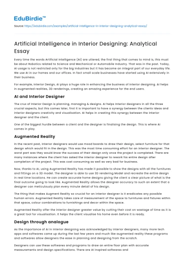 Artificial Intelligence in Interior Designing: Analytical Essay