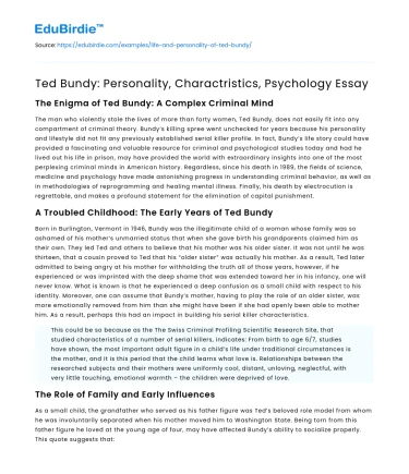 Ted Bundy: Personality, Charactristics, Psychology Essay