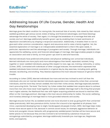 Addressing Issues Of Life Course, Gender, Health And Gay Relationships