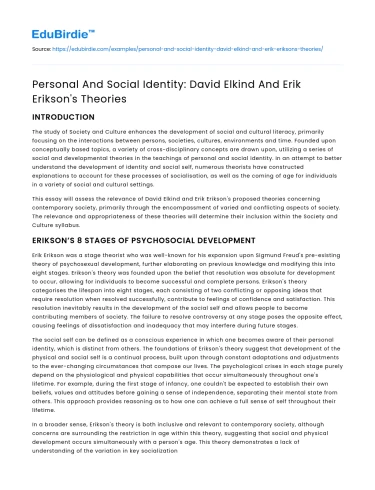 Personal And Social Identity: David Elkind And Erik Erikson’s Theories