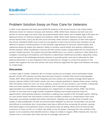 Problem Solution Essay on Poor Care for Veterans