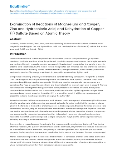 Reactions of Magnesium, Zinc, and Copper Based on Atomic Theory