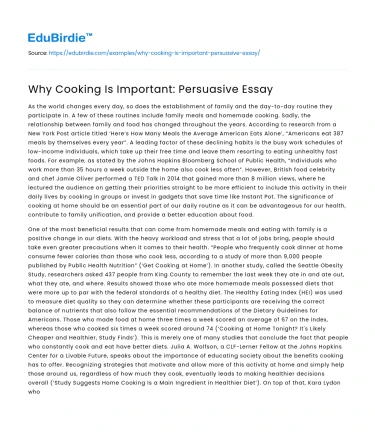 Why Cooking Is Important: Persuasive Essay