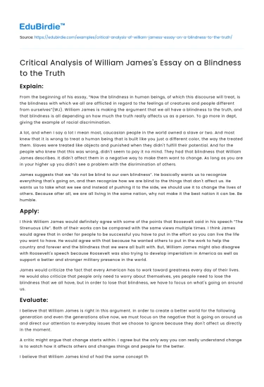 Critical Analysis of William James’s Essay on a Blindness to the Truth