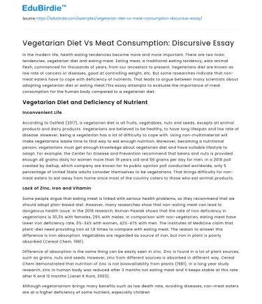 Vegetarian Diet Vs Meat Consumption: Discursive Essay