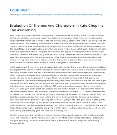 Evaluation Of Themes And Characters In Kate Chopin’s The Awakening
