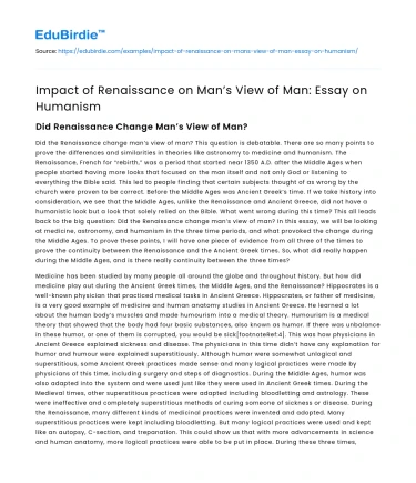 Impact of Renaissance on Man’s View of Man: Essay on Humanism