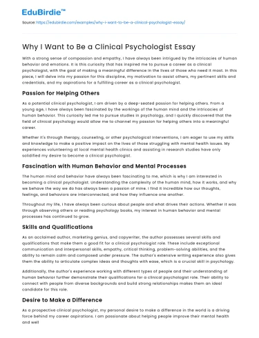 Why I Want to Be a Clinical Psychologist Essay
