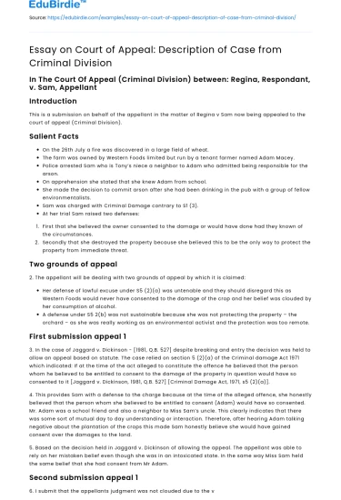 Essay on Court of Appeal: Description of Case from Criminal Division