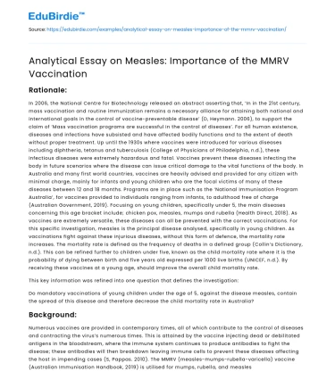 Analytical Essay on Measles: Importance of the MMRV Vaccination
