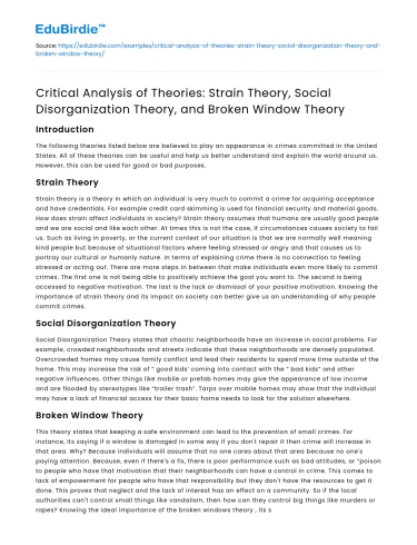 Analysis of Strain, Social Disorganization, and Broken Window Theories