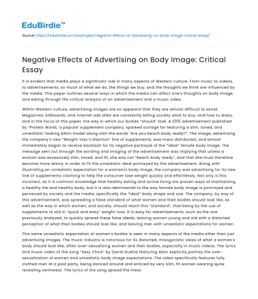 Negative Effects of Advertising on Body Image: Critical Essay