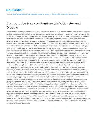 Comparative Essay on Frankenstein’s Monster and Dracula