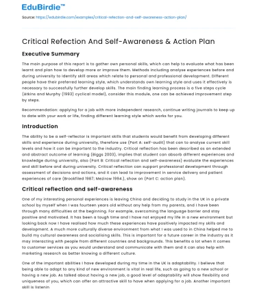 Critical Refection And Self-Awareness & Action Plan