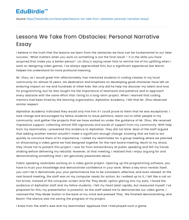 Lessons We Take from Obstacles: Personal Narrative Essay