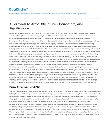 A Farewell To Arms: Structure, Characters, And Significance