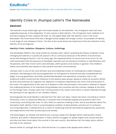 Cultural Identity in Lahiri’s The Namesake