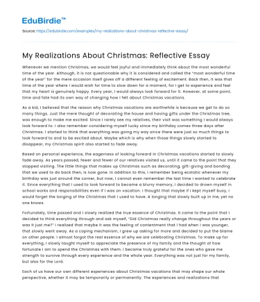 My Realizations About Christmas: Reflective Essay