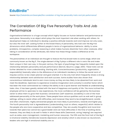 The Correlation Of Big Five Personality Traits And Job Performance