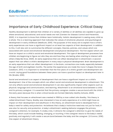 Importance of Early Childhood Experience: Critical Essay