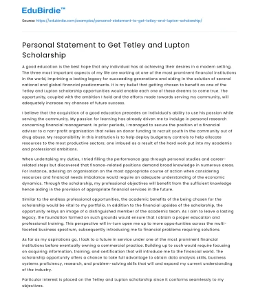 Personal Statement to Get Tetley and Lupton Scholarship