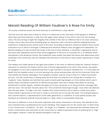 Marxist Reading Of William Faulkner’s A Rose For Emily