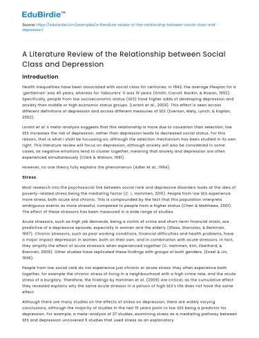 Social Class and Depression: A Literature Review