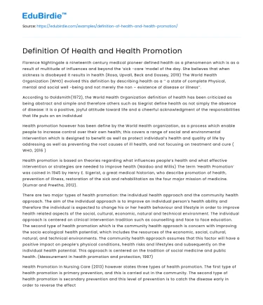 Definition Of Health and Health Promotion