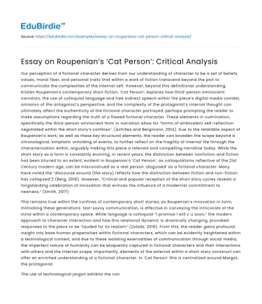 Essay on Roupenian’s ‘Cat Person’: Critical Analysis