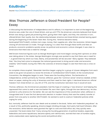 Was Thomas Jefferson a Good President for People? Essay