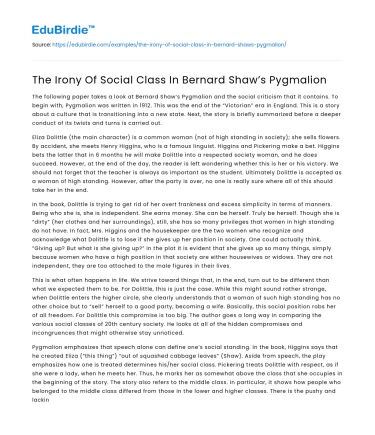 The Irony Of Social Class In Bernard Shaw’s Pygmalion