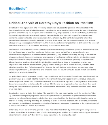 Critical Analysis of Dorothy Day’s Position on Pacifism