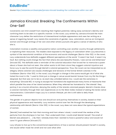 Jamaica Kincaid: Breaking The Confinements Within One-Self