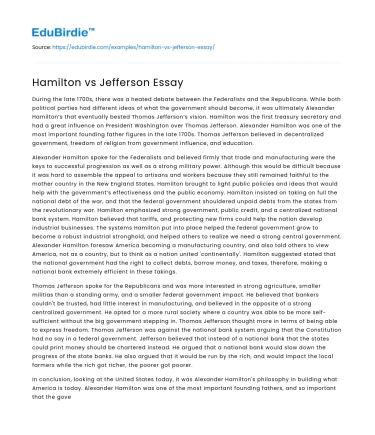 Hamilton vs Jefferson Essay