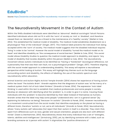 The Neurodiversity Movement in the Context of Autism