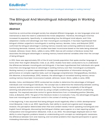 The Bilingual And Monolingual Advantages In Working Memory