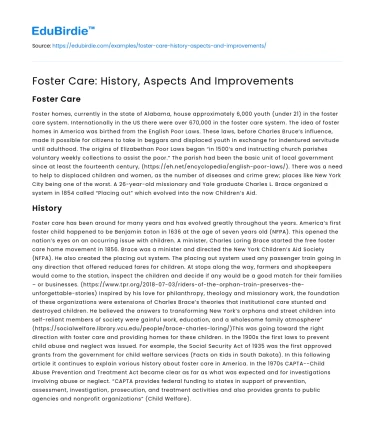 Foster Care: History, Aspects And Improvements