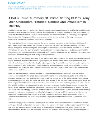 A Doll’s House: Summary of Drama and Irony