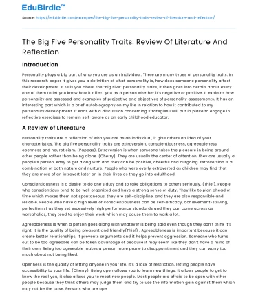 The Big Five Personality Traits: Review Of Literature And Reflection
