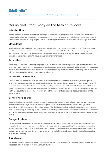 Cause and Effect Essay on the Mission to Mars