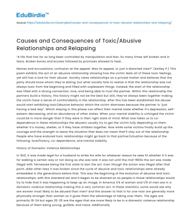 Causes and Consequences of Toxic/Abusive Relationships and Relapsing