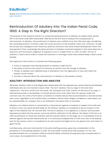 Reintroduction of Adultery in Indian Penal Code: Progress?