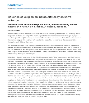 Influence of Religion on Indian Art: Essay on Shiva Nataraja