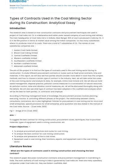 Types of Contracts Used in the Coal Mining Sector during Its Construction