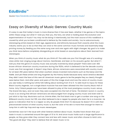 Essay on Diversity of Music Genres: Country Music
