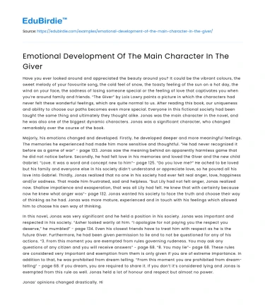 Emotional Development Of The Main Character In The Giver