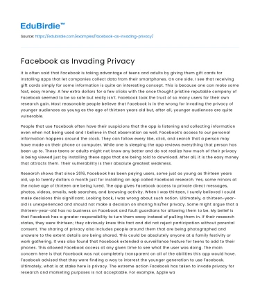 Facebook as Invading Privacy